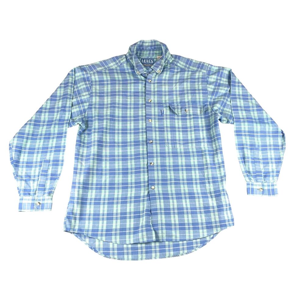 LEVI'S Shirt Men's Large Blue Plaid San Francisco Button Up Long Sleeve 90s VTG